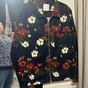 Denim and flower, blue, white and red floral, jacket size extra large